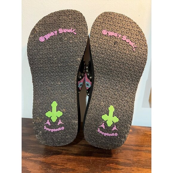 Womens Gypsy Soule Black Wedge Flip Flops Beaded Pink & Turquoise Strap Sz 9 - Picture 6 of 8
